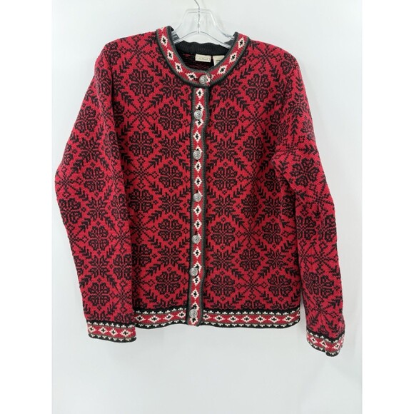 L.L. Bean Women’s Red Black Nordic Fair Isle Sweater Cardigan Cotton Size Medium - Picture 8 of 12